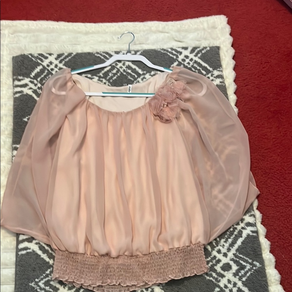 Elegant Blush Pink Chiffon Blouse with Floral Detail